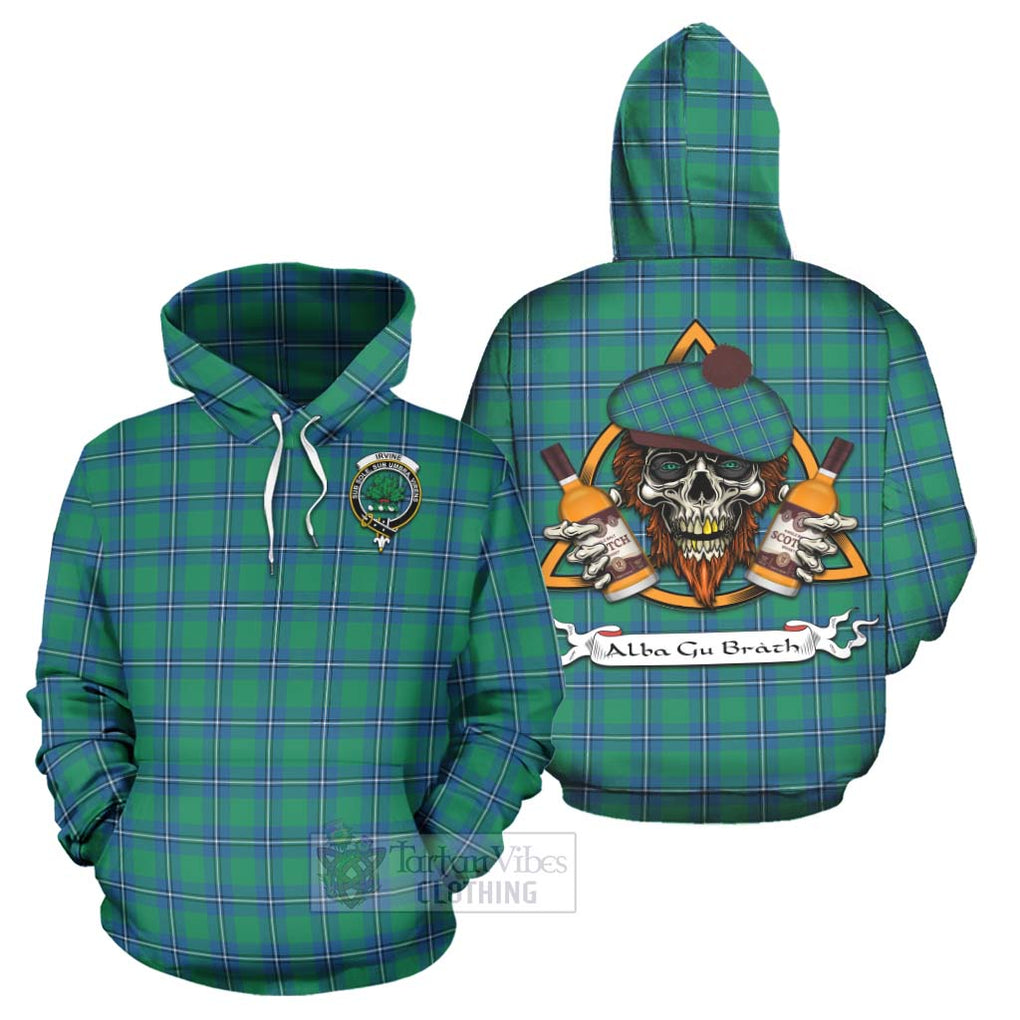 Tartan Vibes Clothing Irvine Tartan Hoodie with Family Crest and Bearded Skull Holding Bottles of Whiskey