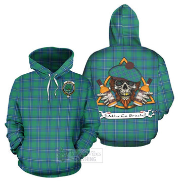 Irvine Tartan Hoodie with Family Crest and Bearded Skull Holding Bottles of Whiskey