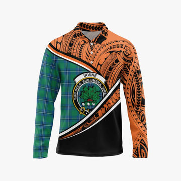 Irvine Crest Tartan Long Sleeve Polo Shirt with Polynesian Vibes Style - Orange Version