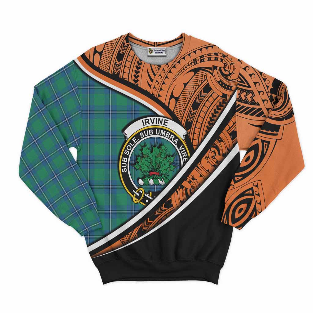 Tartan Vibes Clothing Irvine Crest Tartan Sweatshirt with Maori Tattoo Style - Orange Version