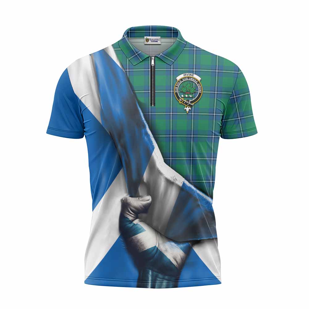 Tartan Vibes Clothing Irvine Tartan Zipper Polo Shirt with Family Crest Scotland Patriotic Style