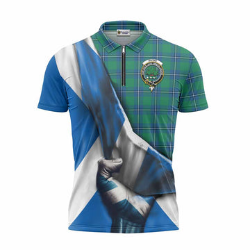 Irvine Tartan Zipper Polo Shirt with Family Crest Scotland Patriotic Style