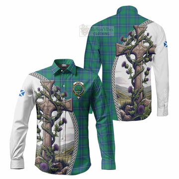 Irvine Tartan Long Sleeve Button Shirt with Family Crest and St. Andrew's Cross Accented by Thistle Vines