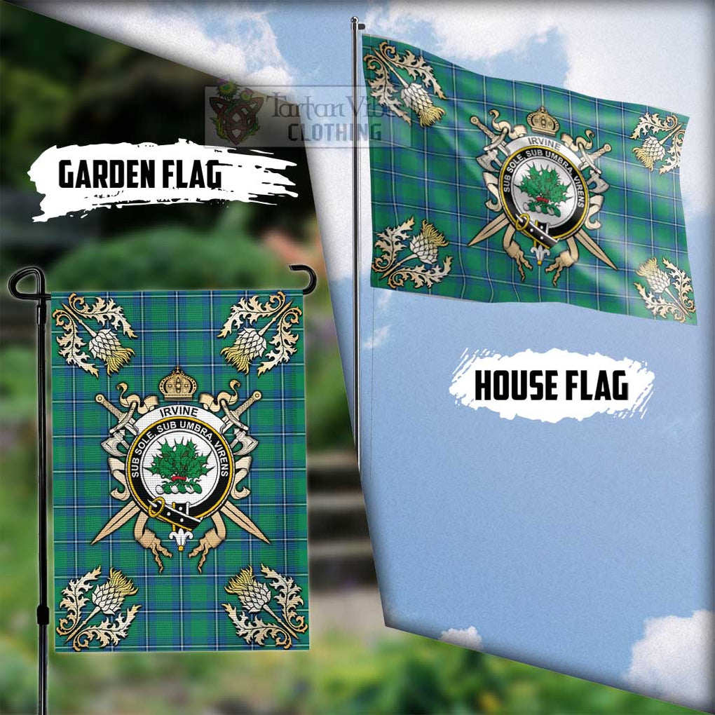 Tartan Vibes Clothing Irvine Tartan Flag with Family Crest and Golden Thistle Crossed Sword Design