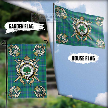 Irvine Tartan Flag with Family Crest and Golden Thistle Crossed Sword Design