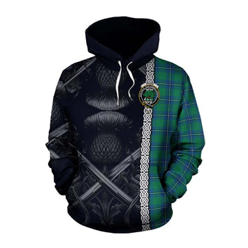 Irvine Tartan Cotton Hoodie with Family Crest Cross Sword Thistle Celtic Vibes