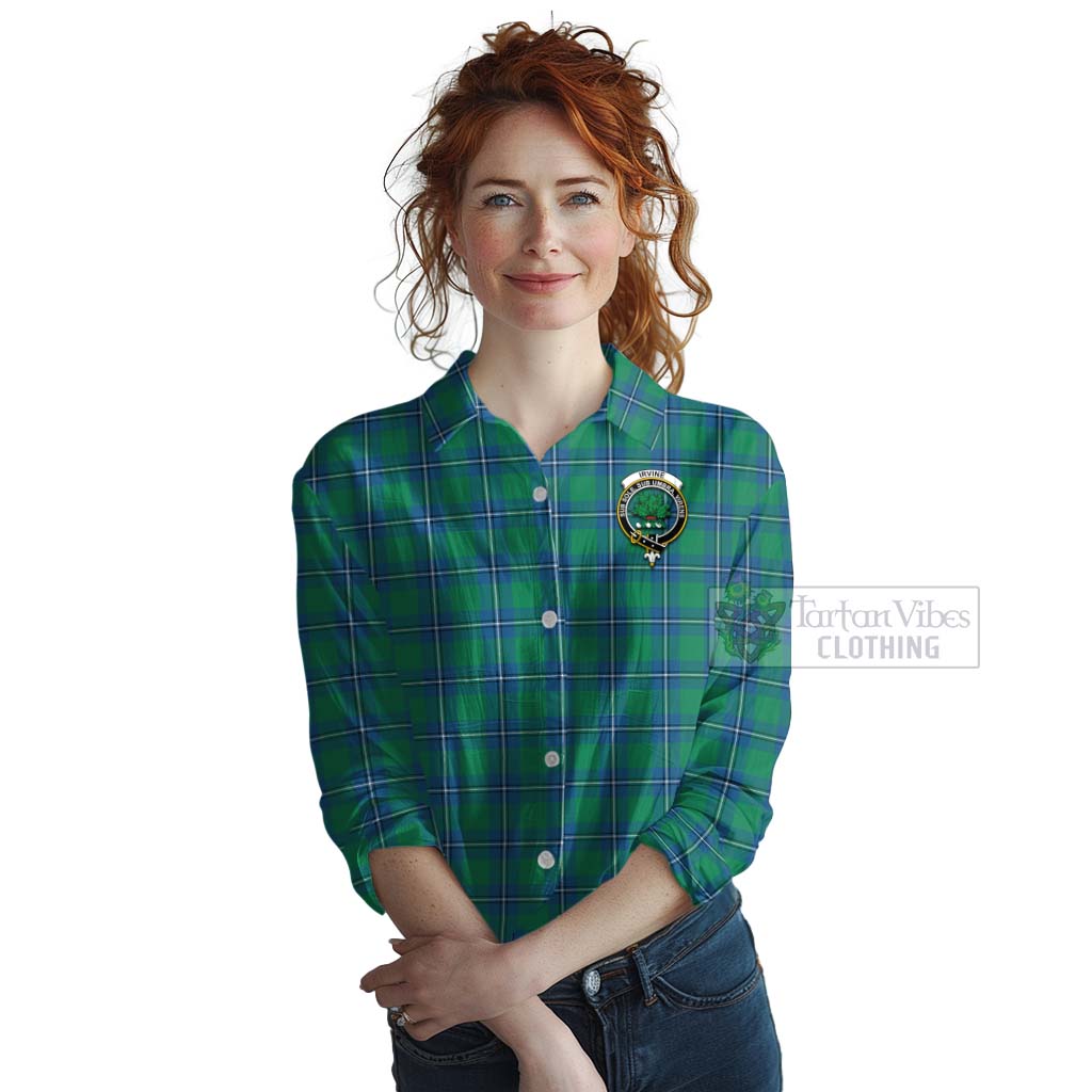 Tartan Vibes Clothing Irvine Tartan Women's Casual Shirt with Family Crest Celtic Skull Style