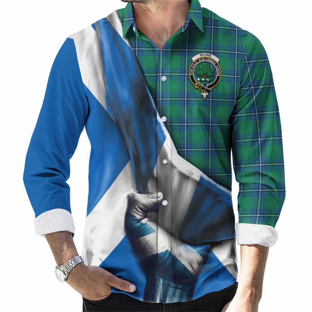 Tartan Vibes Clothing Irvine Tartan Long Sleeve Button Shirt with Family Crest Scotland Patriotic Style