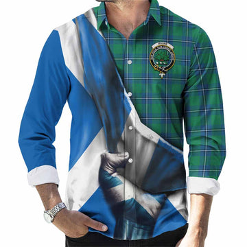 Irvine Tartan Long Sleeve Button Shirt with Family Crest Scotland Patriotic Style