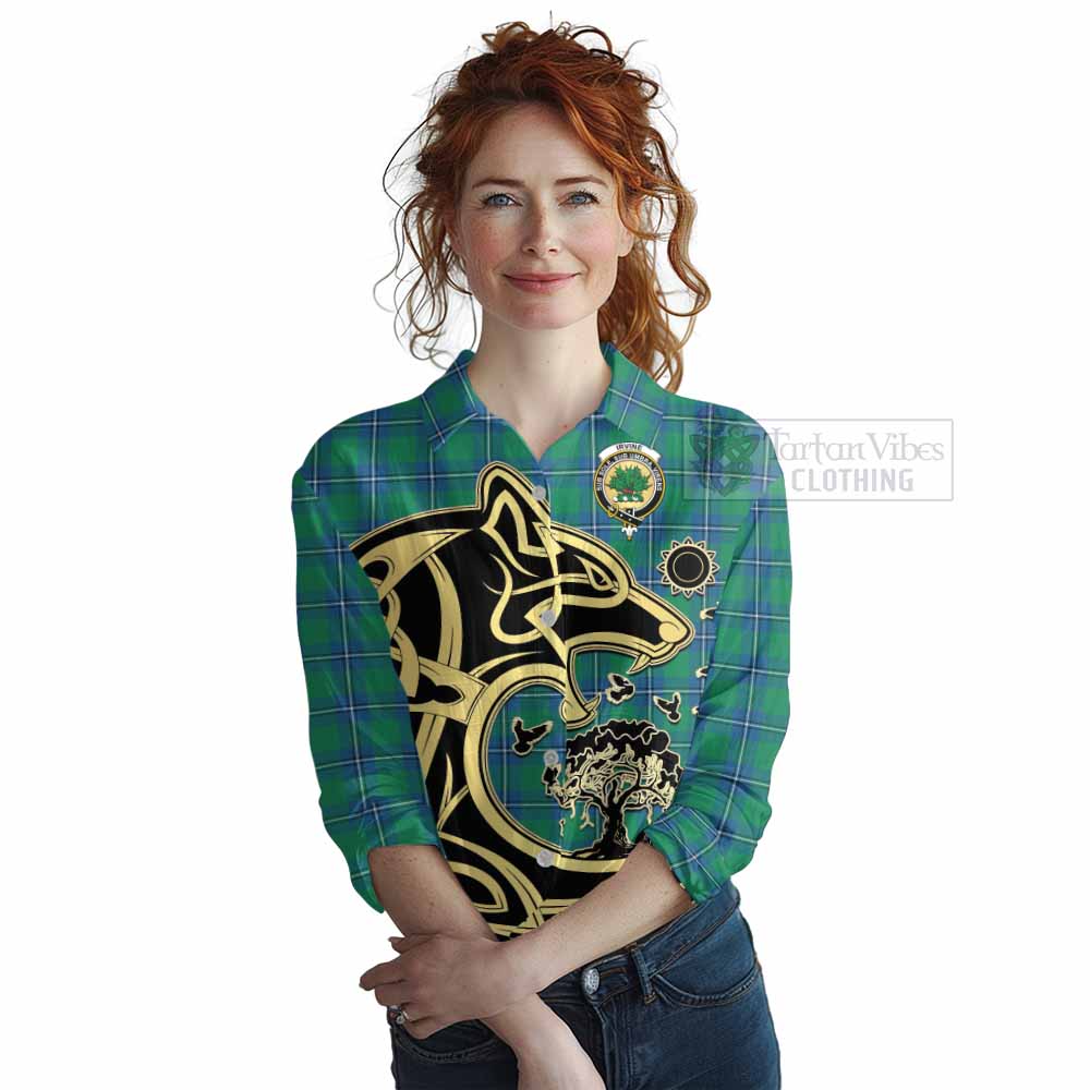 Tartan Vibes Clothing Irvine Tartan Women's Casual Shirt with Family Crest Celtic Wolf Style