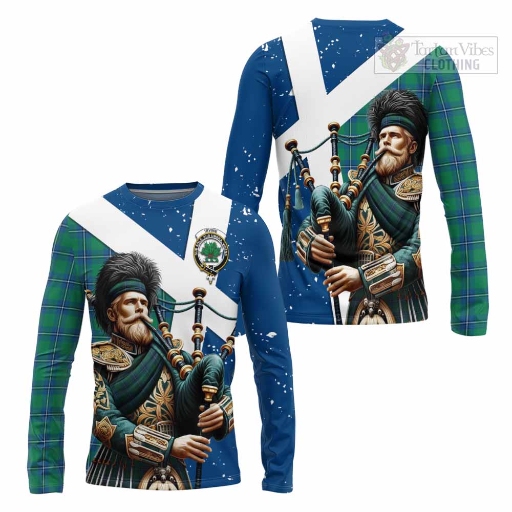 Tartan Vibes Clothing Irvine Tartan Long Sleeve T-Shirt with Family Crest Scottish Bagpiper Vibes