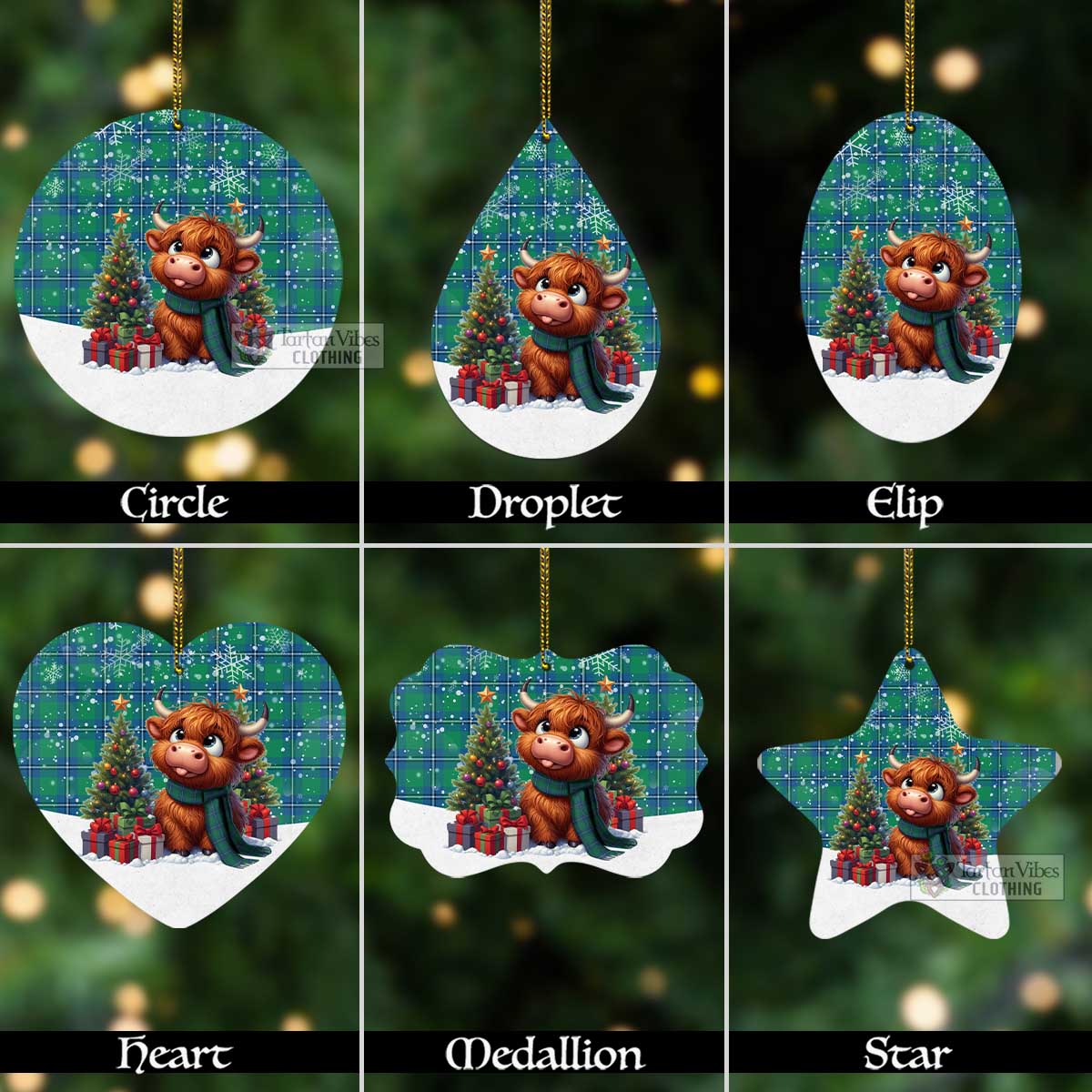 Tartan Vibes Clothing Irvine Tartan Christmas Aluminium Ornament with Adorable Highland Coo