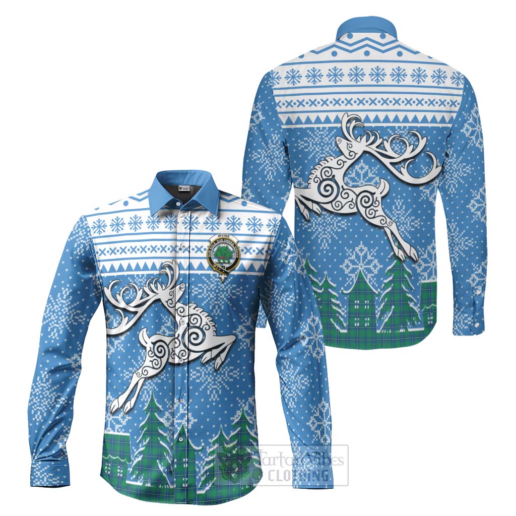 Tartan Vibes Clothing Irvine Clan Christmas Long Sleeve Button Shirt Celtic Reindeer Style