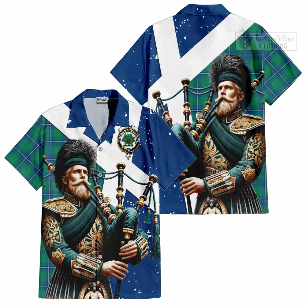 Tartan Vibes Clothing Irvine Tartan Short Sleeve Button Shirt with Family Crest Scottish Bagpiper Vibes