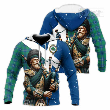 Irvine Tartan Knitted Hoodie with Family Crest Scottish Bagpiper Vibes