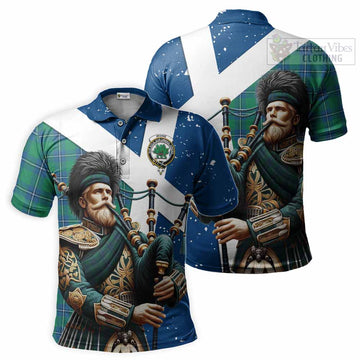 Irvine Tartan Polo Shirt with Family Crest Scottish Bagpiper Vibes