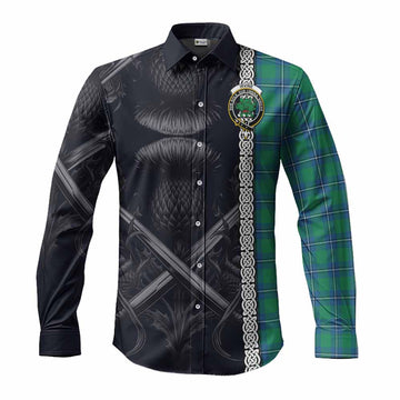 Irvine Tartan Long Sleeve Button Shirt with Family Crest Cross Sword Thistle Celtic Vibes