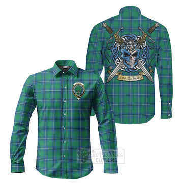 Irvine Tartan Long Sleeve Button Shirt with Family Crest Celtic Skull Style