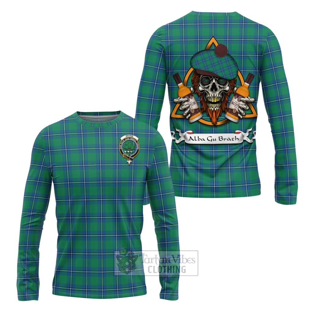 Tartan Vibes Clothing Irvine Tartan Long Sleeve T-Shirt with Family Crest and Bearded Skull Holding Bottles of Whiskey