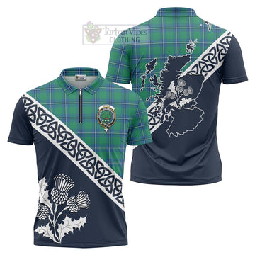 Irvine Tartan Zipper Polo Shirt Featuring Thistle and Scotland Map