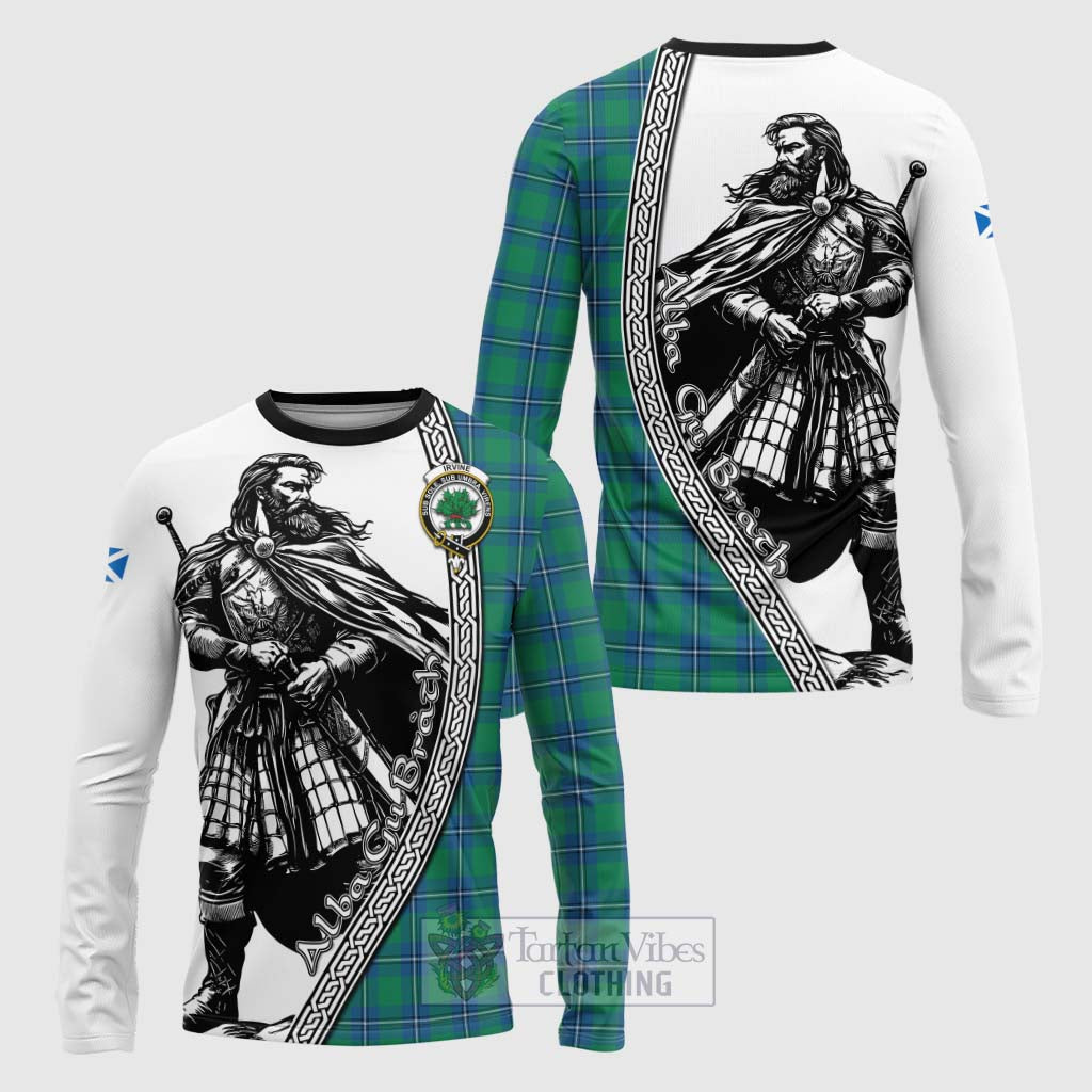 Tartan Vibes Clothing Irvine Tartan Clan Crest Long Sleeve T-Shirt with Highlander Warrior Celtic Style