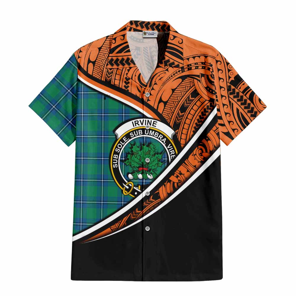 Tartan Vibes Clothing Irvine Crest Tartan Short Sleeve Button Shirt with Maori Tattoo Style - Orange Version