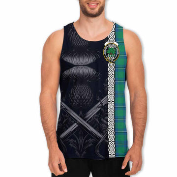 Irvine Tartan Men's Tank Top with Family Crest Cross Sword Thistle Celtic Vibes