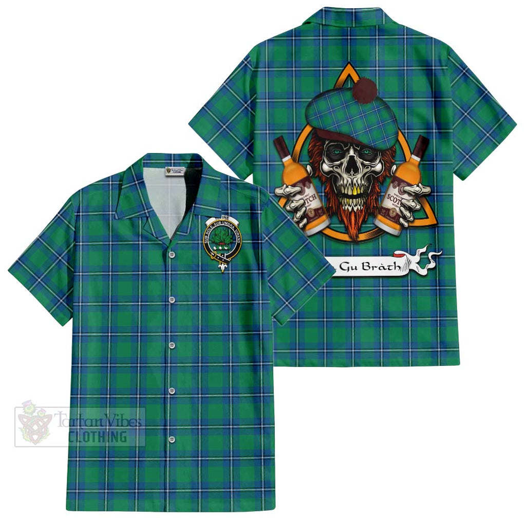 Tartan Vibes Clothing Irvine Tartan Short Sleeve Button Shirt with Family Crest and Bearded Skull Holding Bottles of Whiskey