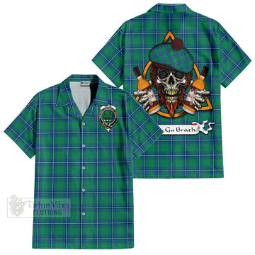 Irvine Tartan Short Sleeve Button Shirt with Family Crest and Bearded Skull Holding Bottles of Whiskey