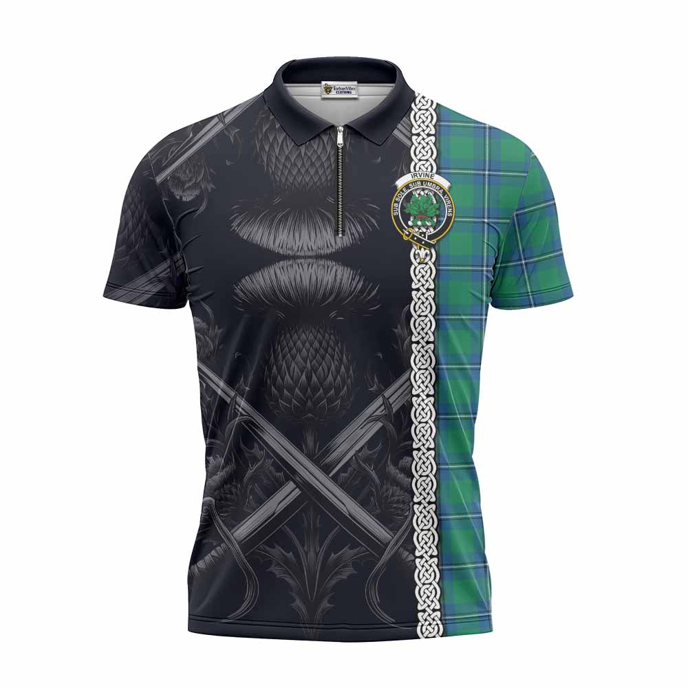 Tartan Vibes Clothing Irvine Tartan Zipper Polo Shirt with Family Crest Cross Sword Thistle Celtic Vibes