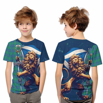 Irvine Tartan Family Crest Kid T-Shirt with Scottish Majestic Lion