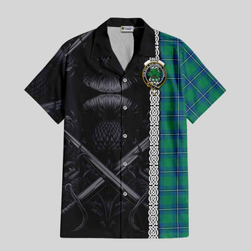 Irvine Tartan Short Sleeve Button Shirt with Family Crest Cross Sword Thistle Celtic Vibes