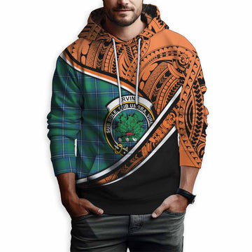 Irvine Crest Tartan Hoodie with Polynesian Vibes Style - Orange Version