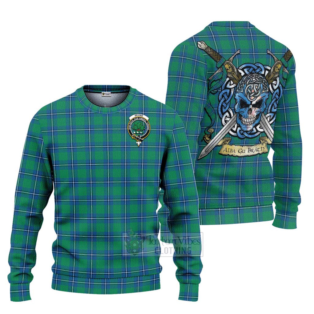 Tartan Vibes Clothing Irvine Tartan Knitted Sweater with Family Crest Celtic Skull Style