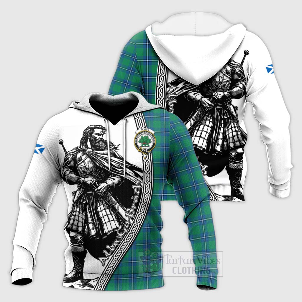 Tartan Vibes Clothing Irvine Tartan Clan Crest Knitted Hoodie with Highlander Warrior Celtic Style