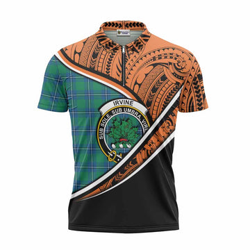 Irvine Crest Tartan Zipper Polo Shirt with Polynesian Vibes Style - Orange Version