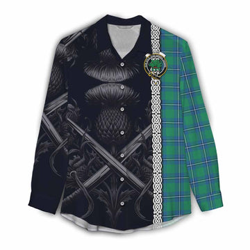 Irvine Tartan Women's Casual Shirt with Family Crest Cross Sword Thistle Celtic Vibes