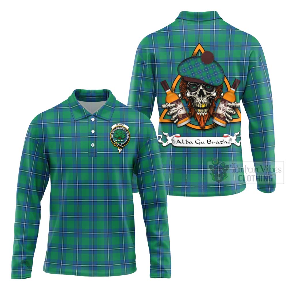 Tartan Vibes Clothing Irvine Tartan Long Sleeve Polo Shirt with Family Crest and Bearded Skull Holding Bottles of Whiskey