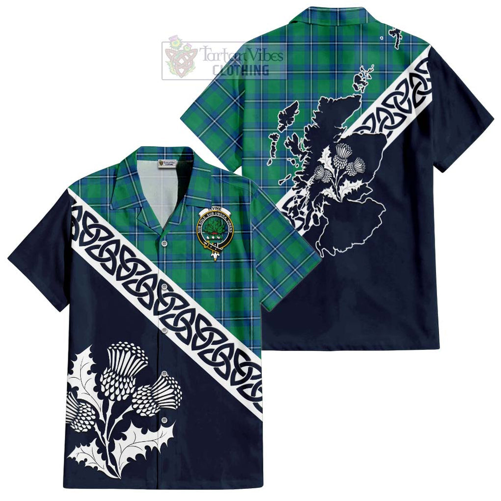 Tartan Vibes Clothing Irvine Tartan Short Sleeve Button Shirt Featuring Thistle and Scotland Map