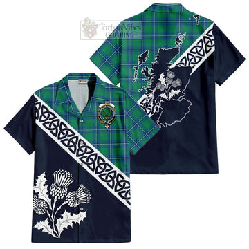 Irvine Tartan Short Sleeve Button Shirt Featuring Thistle and Scotland Map