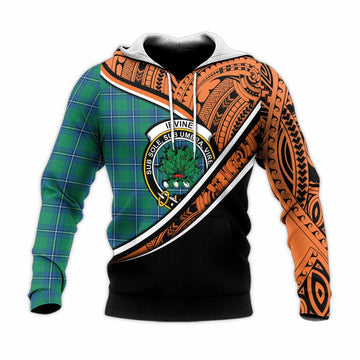 Irvine Crest Tartan Knitted Hoodie with Polynesian Vibes Style - Orange Version