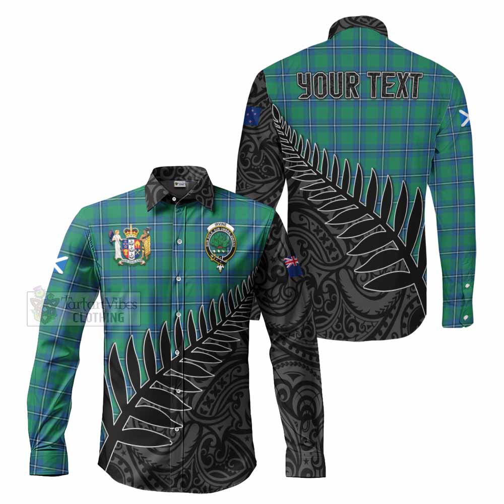 Tartan Vibes Clothing Irvine Crest Tartan Long Sleeve Button Shirt with New Zealand Silver Fern Half Style