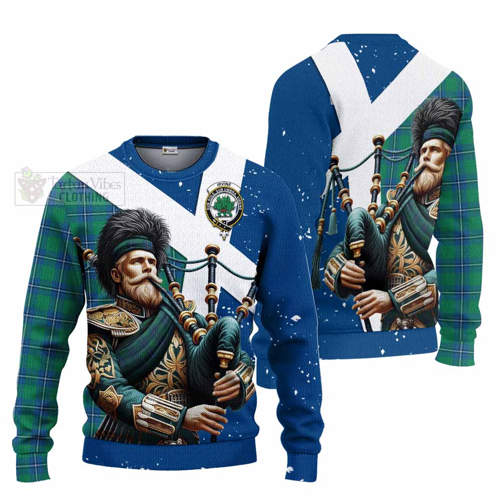 Tartan Vibes Clothing Irvine Tartan Knitted Sweater with Family Crest Scottish Bagpiper Vibes