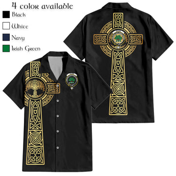 Irvine Clan Mens Short Sleeve Button Up Shirt with Golden Celtic Tree Of Life