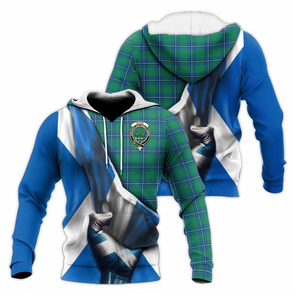 Tartan Vibes Clothing Irvine Tartan Knitted Hoodie with Family Crest Scotland Patriotic Style