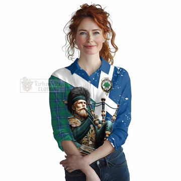 Irvine Tartan Women's Casual Shirt with Family Crest Scottish Bagpiper Vibes