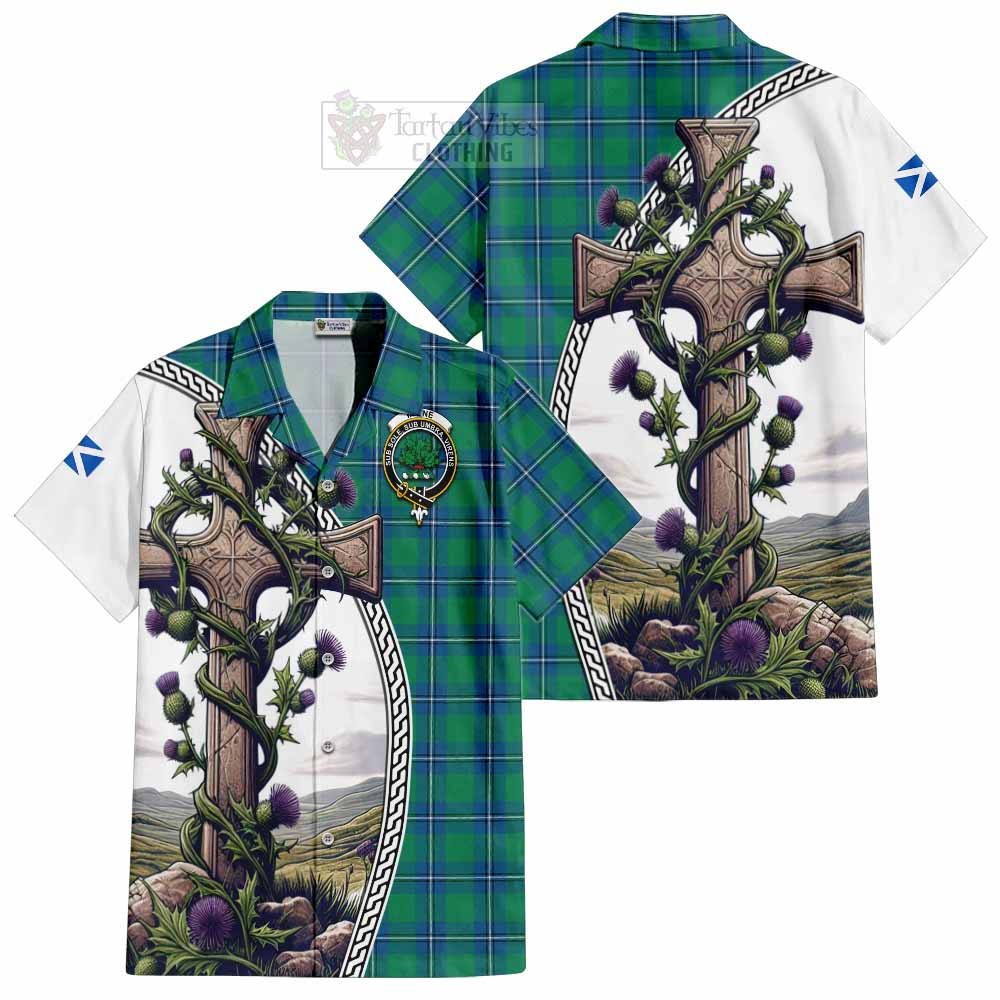 Tartan Vibes Clothing Irvine Tartan Short Sleeve Button Shirt with Family Crest and St. Andrew's Cross Accented by Thistle Vines