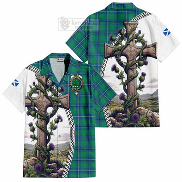 Irvine Tartan Short Sleeve Button Shirt with Family Crest and St. Andrew's Cross Accented by Thistle Vines