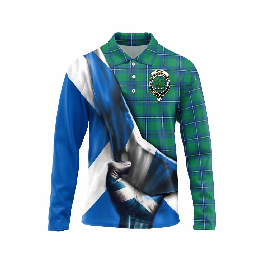 Tartan Vibes Clothing Irvine Tartan Long Sleeve Polo Shirt with Family Crest Scotland Patriotic Style