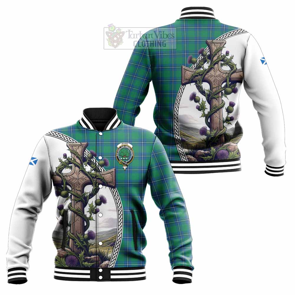 Tartan Vibes Clothing Irvine Tartan Baseball Jacket with Family Crest and St. Andrew's Cross Accented by Thistle Vines